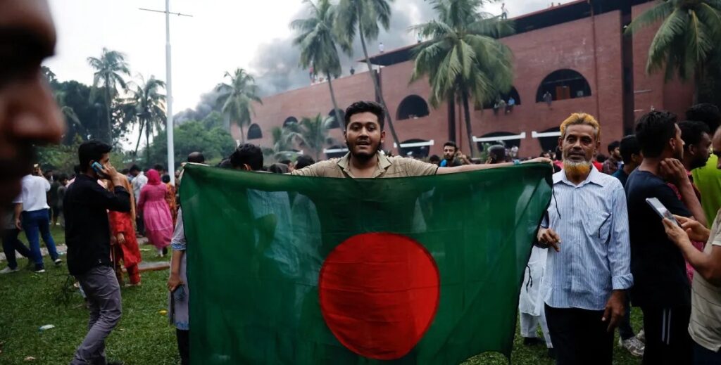 The incident took place in Dhaka, where protesters used hammers to damage the statue